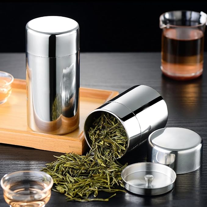 AUNMAS Tea Tin Canister, Stainless Steel Tea Coffee Sugar Storage Container with Airtight Double Lids for Loose Tea and Tea Bags, Kitchen Cup for Coffee Sugar Seasoning Storage (450ml)
