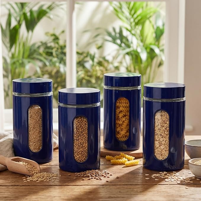 Mimorou 6 Pack Kitchen Canisters Set Airtight Coffee Sugar Tea Storage Jars with Window Glass Stainless Steel Containers with Lids for Flour Cookies Spices Grains Kitchen Decorations (Navy Blue,32 oz)