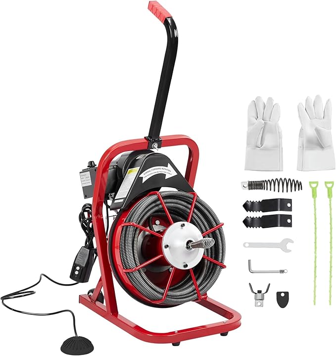 Patikuin 75FT x 3/8 Inch Electric Drain Cleaner Machine, Auto Feed Sewer Snake Auger with Motor, 4 Cutters & Air Foot Switch, for 1-4 Inch Pipes, Toilets, Sinks, and Floor Drains
