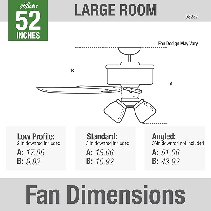 Hunter 52 inch Indoor Ceiling Fan with LED Lights - Ceiling Fan with Pull Chain, For Bedroom or Living Room, Standard Mount, No Remote, 5 Blades, Includes Bulbs - Builder Plus 53237, Brushed Nickel