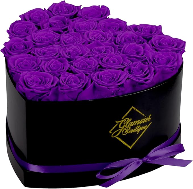 GLAMOUR BOUTIQUE 27 Flower Forever Heart Shape Box, Eternal Preserved Roses Gift for Her, Lasting Flowers, Premium Floral Heart Box for Birthday, Anniversary or Valentine’s Day, Purple (Color-Treated)