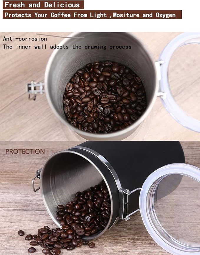 Walktosun Stainless Steel Food Container with Clear Lids Airtight Storage Container Small Canisters Kitchen Pantry Storage for Cereal, Snacks, Candy, Herbs, Spices, Sugar, Tea (1.8L Dark Black)