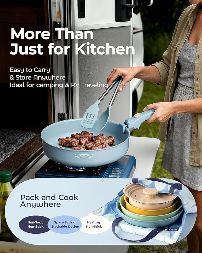 Ceramic Cookware Set, Detachable Handle Pots and Pans Non Stick, 12-Piece Camping Cooking Set Nonstick with Storage Bag, Anti-Scratch Pads, PFOA Free, RV Camping Essentials