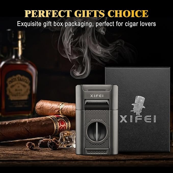 XIFEI 6-in-1 Cigar Lighter, Desktop Torch Lighter with Straight Cut V-Cut Cigar Cutter, Dual Cigar Punch, Cigar Draw Enhancer, Cigar Holder, 4 Jet Flame Refillable Butane Lighter Gift for Men (Gray)