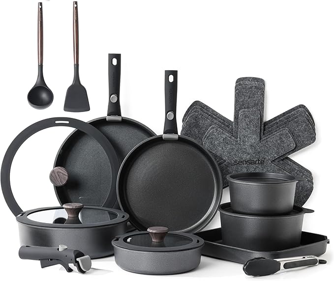 SENSARTE 24 Piece Pots and Pans Set, Nonstick Detachable Handle Cookware, Induction Kitchen Cookware Set with Removable Handle, Healthy Non Stick for RV, Dishwasher＆Oven Safe (Black)