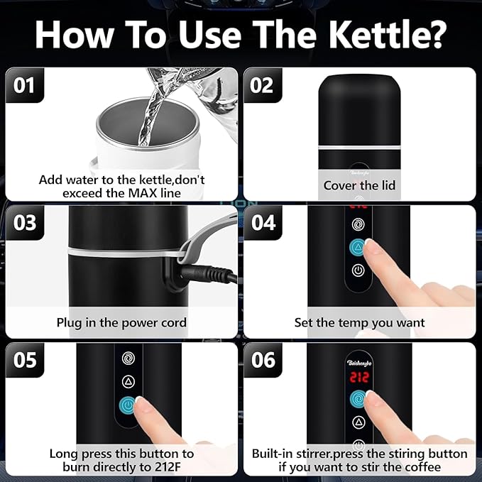 Electric Travel Kettle,12V/24V Car Coffee Warmer Kettle,Portable Hot Water Boiler,Small Hot Water Heater with Built-in Magnetic Induction Stirring