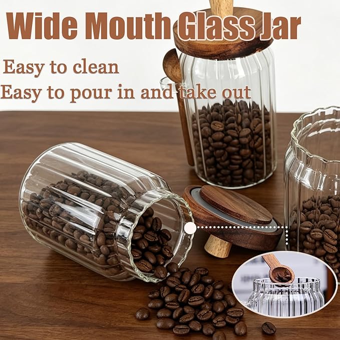 Coriario 20 OZ Glass Jar with Airtight Lid Spoon Ribbed Glass Candy Jars Wooden Handle Lids Wide Mouth Glass Coffee Storage Canister for Food Kitchen Sugar Cookie Tea Decorative