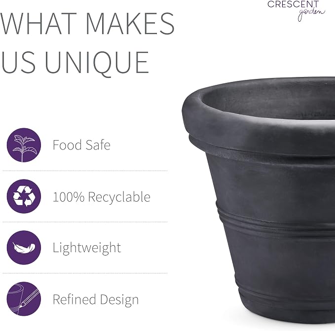 Crescent Garden Brunello Small Classic Black Planter, Indoor/Outdoor Weather-Safe Round Plant Pot, Small Resin Houseplant Pot for Patio, Porch, Garden - 12'' W (Black)