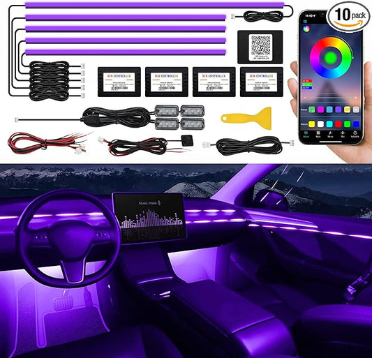 Acrylic Interior Car LED Strip Light with Wireless APP, RGB 10 in 1 with 175 inches 593 LEDs Fiber Optic Ambient Lighting Kits, 16 Million Colors Sound Active Function Car Neon Lights