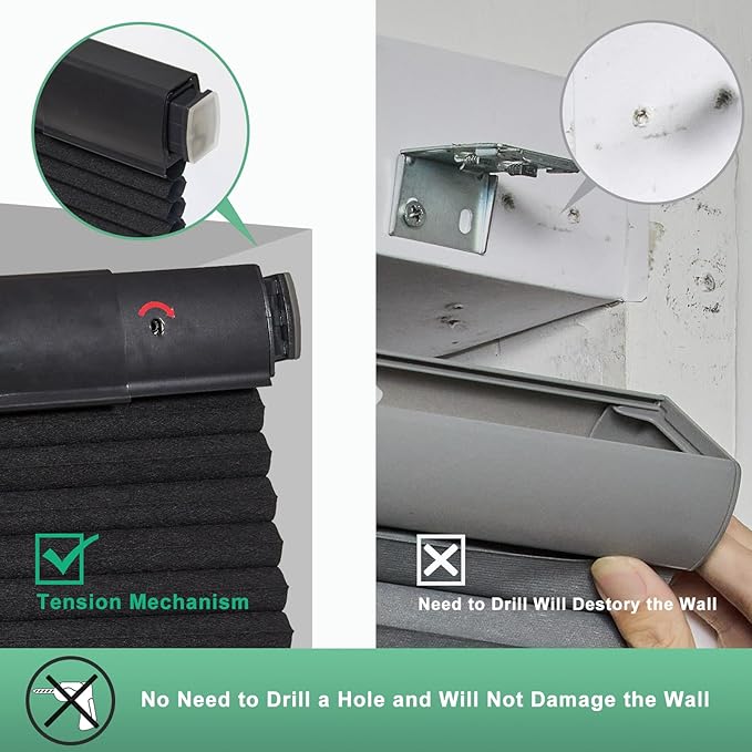 Tonature No Drill Cellular Shades for Indoor Windows, Thermal Insulating & Noise Reducing Honeycomb Blinds, Free Stop Cordless Blackout Shades, Black, 31" W x 64" H