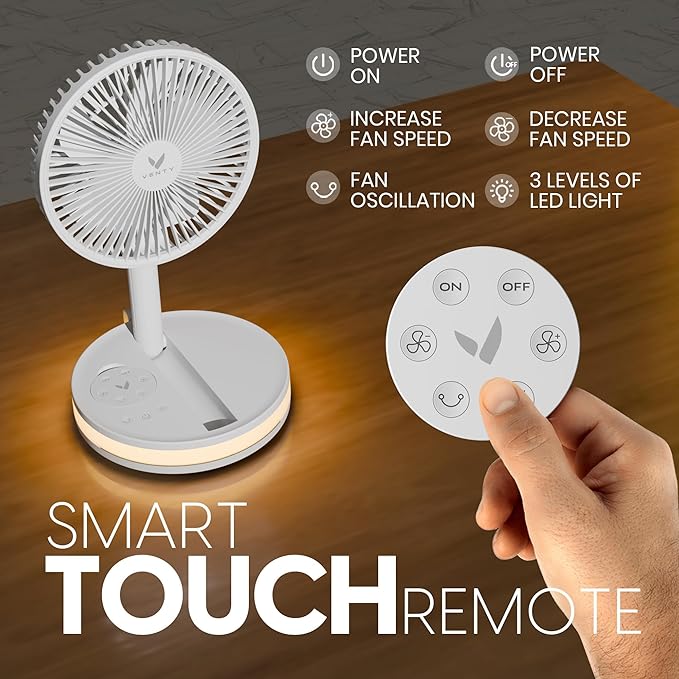 VENTY Portable Fan - Wireless Battery Operated Fan - 4 Speeds - LED Lighting - Carry Case & Remote Control - Cruise Travel - Outdoor Travel RV Power Bank With USB-C Port (White with Case)
