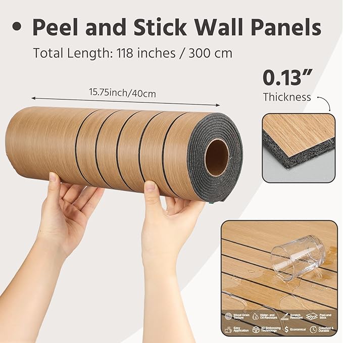 Geelin Peel and Stick Wood Slat Wall Panels for Interior 15.7" x 118" Self Adhesive PVC Thick Faux Oak Wood Grain Wallpaper 3D Soundproof Acoustic Wall Panels for Walls & Ceilings