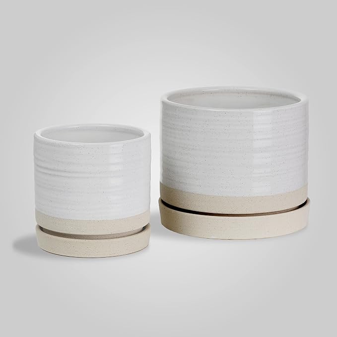 HERDUK 6 + 8 Inch Plant Pots, Ceramic Planter Pot with Drainage Hole & Saucer, Indoor/Outdoor Cylinder Round Planter Pot, Cream & Beige
