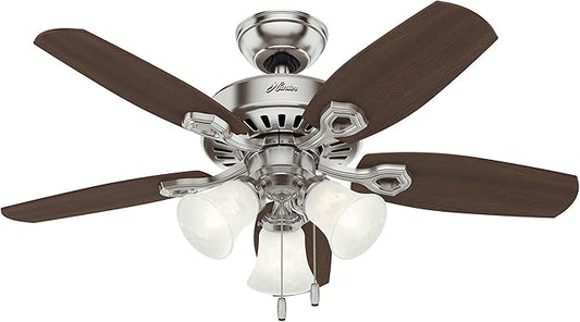 Hunter 42 inch Indoor Ceiling Fan with LED Lights - Ceiling Fan with Pull Chain, For Bedroom or Living Room, Standard Mount, No Remote, 5 Blades, Includes Bulbs - Builder 52106, Brushed Nickel