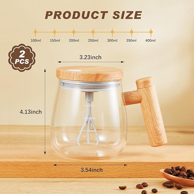 Maxcheck 2 Pcs Self Mixing Coffee Mug with Lid Handle 400ml 13.5oz Automatic Electric Cup 7000 RPM Self Mixing Glass Mug for Coffee Milk Protein Powder Office Home