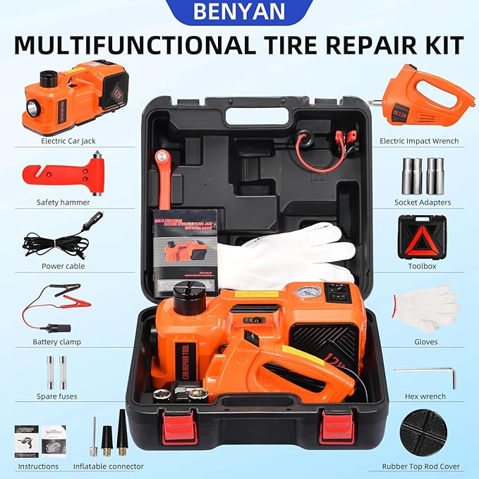 5 Ton 12V Electric Car Jack Hydraulic, 5-in-1 Portable Car Jack with Tire Inflator & Impact Wrench, LED Light Auto Stop Safety Lock for SUV MPV, Garage & Roadside Emergency Use