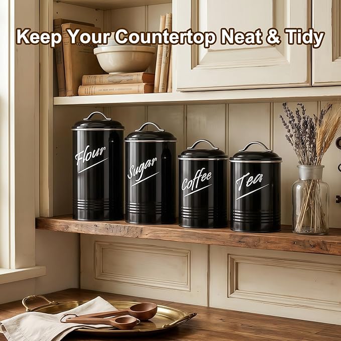 Hillbond Kitchen Canister Set of 4, Airtight Stainless Steel Food Storage Containers with Lids, Flour Sugar Coffee Tea Canisters for Countertop, Metal Kitchen Storage Jars, Black