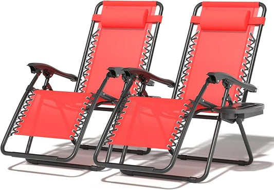 Zero Gravity Chair, Portable Outdoor Chair, Reclining Patio Lounge Chair with Adjustable Pillow and Cup Holder Trays for Outdoor, Patio, Beach, Camping, Garden, Poolside, 2 Pack, Red