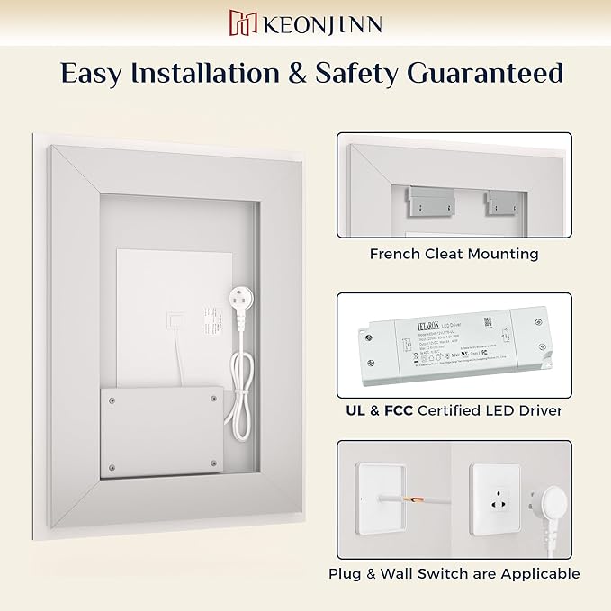 Keonjinn 48" x 36" Lighted Mirror for Bathroom Wall, LED Mirror with Frontlit & Backlit, Bathroom Mirror with Lights, Dimmable 3-Color Lights, HD Tempered Glass, UL-Listed LED Driver