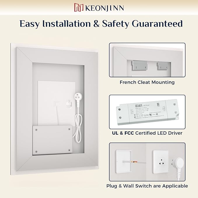 Keonjinn 48 x 40 Inch LED Bathroom Mirror with Lights, Bighter Frontlit & Backlit Vanity Mirror with Stepless Dimmable 3-Color, Anti-Fog Mirror for Wall, HD Tempered Glass, Memory Founction, CR90+