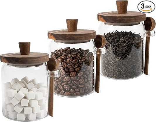 Set of 3 Glass Jars Containers with Wooden Lids and Scoop Clear Canister Jars Set with Spoon for Kitchen Food Storage Coffee Tea Sugar Decorative Countertop Organization Jars 31 oz (3)