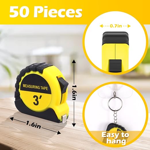 Kanayu 50 Mini Measuring Tape with Keychain Retractable Measure Tapes Portable Small Measurement Tapes Slide Lock Tape Measure with Pause Buttons for Engineer Kids Adult (3 ft,Yellow)