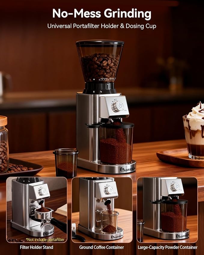 IAGREEA Conical Burr Coffee Grinder, 48 Grind Settings, 450RPM Low-Speed Anti-Static, Precision Timer, Portafilter Holder for Espresso, Drip, French Press, Cold Brew, Stainless Steel