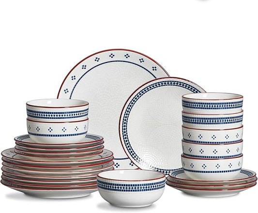 Dinnerware Sets for 8, 24-Piece Stoneware Plates and Bowls Sets for 8 Everyday Dishware Sets for 8, Microwave Safe, Scratch-resistant, Vintage Geometric Design, Service for 8