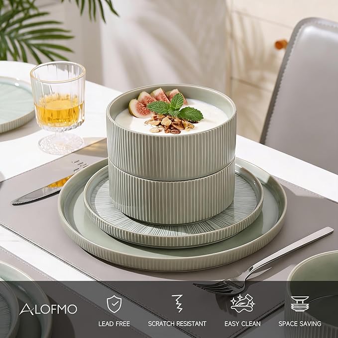 Dinnerware Sets for 4, Ceramic Plates and Bowls Set 12 Piece Dinnerware Chip Resistant Stoneware with Advanced Inkjet Printing Technology, Dishwasher and Microwave Safe-Sage Green