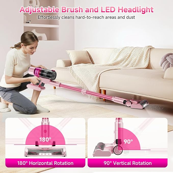 Cordless Vacuum Cleaner:Portable 6-in-1 Stick Vacuum with Anti-Tangle Brush | LED Headlight, Self-Standing, HD Display, Rechargeable Vacuum for Pet Hair, Low-Pile Carpet and Hardwood Floor-Dark Pink