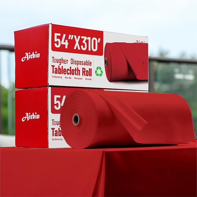 Plastic Table Cloth, 310 Ft X 54 in Disposable Tablecloth Red Tablecloth Premium PEVA Plastic Table Cloth Disposable with Any Cut Sliding Cutters for Picnics, Parties, Birthdays, Festivals