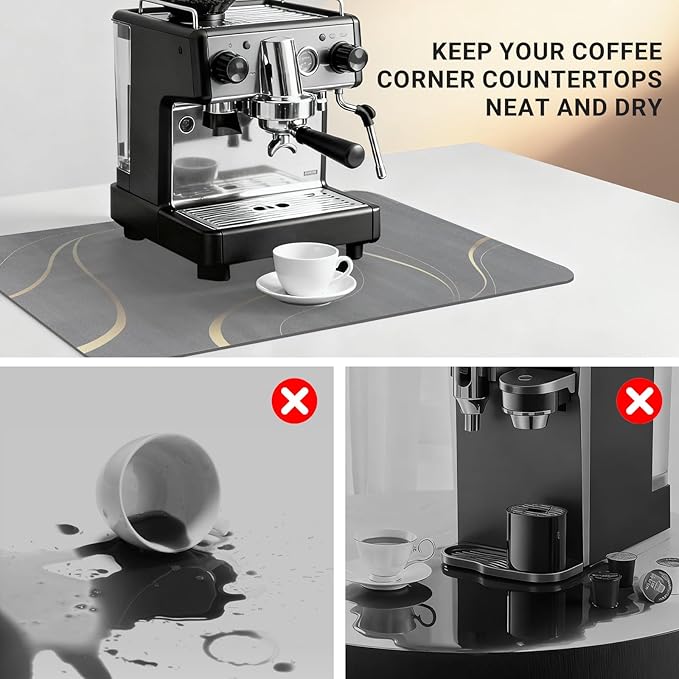 Coffee Mat 19x12 Inch, Irregular Gray Streamline Coffee Bar Mat, Absorbent Hide Stain Rubber Backed Dish Drying Mat for Kitchen Counter, Mat for Countertops, under Coffee Machine Pot Espresso Station