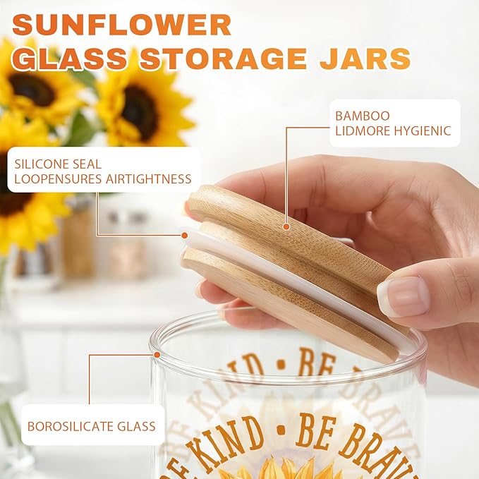 3 Pcs Sunflower Glass Storage Jars with Airtight Lids Sunflower Inspirational Candy Cookie Jars Gift Summer Floral Motivational Kitchen Decor Canister Yellow Floral Kitchen Containers Set
