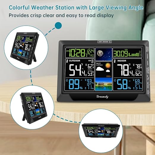 DreamSky Weather Station Indoor Outdoor Thermometer Wireless, Atomic Clock | Digital Large Colorful Display with Brightness Dimmer, Inside Outside Temperature Humidity Monitor for Home (Plug-in)