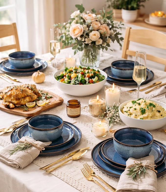 GBHOME Dinnerware Sets for 4, 12 Pieces Stoneware Plates and Bowls Sets, Scratch Resistant Ceramic Dishes, Dishwasher & Microwave Safe, Reactive Glaze-Sea Blue