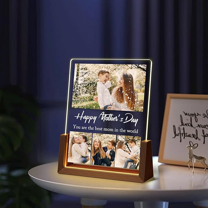 Personalized Mothers Day Birthday Gifts For Mom, Customized Moms Gifts From Daughter Son Husband, Custom Acrylic Plaque With Photo Name, Light Up Picture Frame For Mom Grandma Wife Christmas Gift