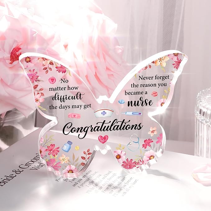 Nurse Graduation Gift for Women, Nurse Week Appreciation Gifts - Pink Butterfly Acrylic Plaque 5x3.8 IN - Graduation Gifts for Nursing Student, Nursing School Gifts, RN Gifts for Nurses