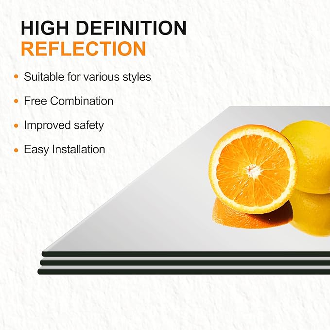 Delma Frameless Mirror Tiles 22"x22"x4 Pcs Wall Mounted | Shatter Resistant, Full Length Tempered Glass Panels, For Home Gym Bathroom Bedroom & Living Room Decor