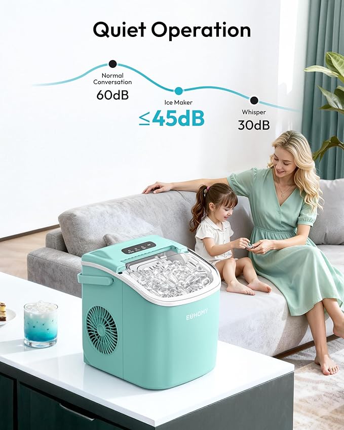 EUHOMY Countertop Ice Maker Machine with Handle, 26lbs Per Day, 9 Ice Cubes Ready in 6 Mins, Auto-Cleaning Portable Ice Maker with Basket and Scoop, for Home/Kitchen/Camping/RV (Green)