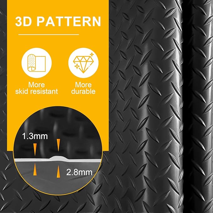 Grandroad auto 8x20 FT Garage Floor Mat, 2.8mm Thickened Flooring Roll for Under Car Diamond Plate PVC Rubber Mat with 20 Pcs Tapes, Non-Slip Floor Mat for Garage, Warehouse, Gyms, Trailer, Black