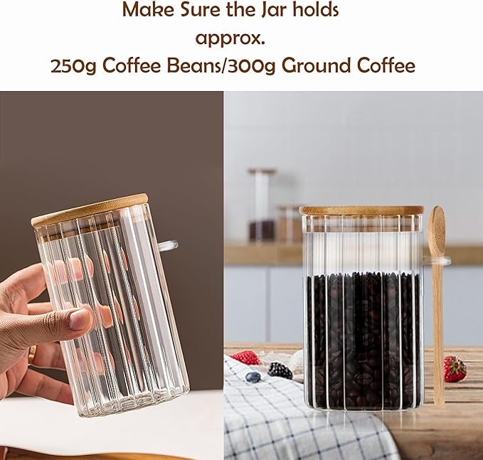 Steviieden 24 FL OZ Airtight Glass Jars with Bamboo Spoons Lids Overnight Oats Container Decorative Coffee Bar Food Storage Jar Cereal Nuts Salts Coffee Tea Flour Sugar Container Spice Jars (2Pack)