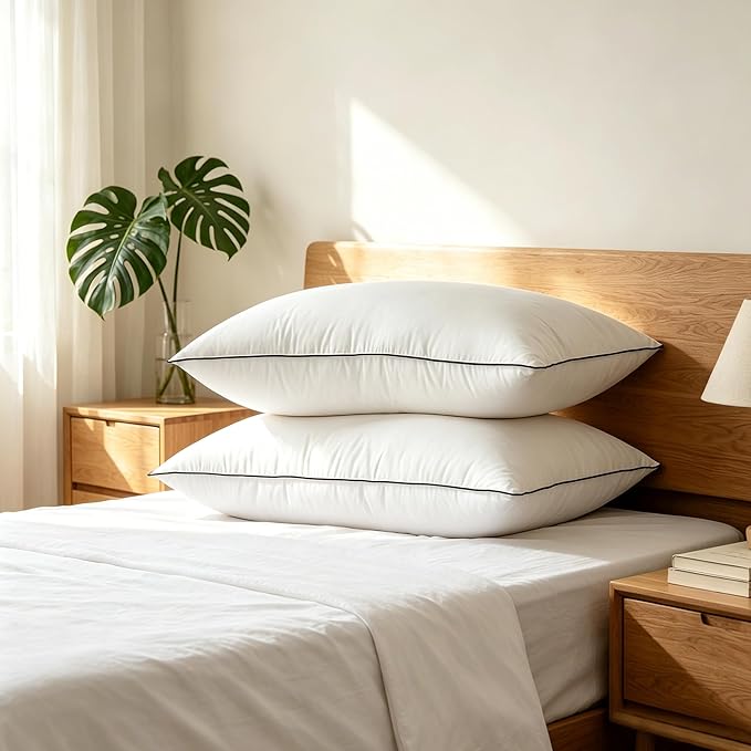 Hotel Collection Down Bed Pillows Standard Size Set of 2, Breathable Cotton Blend Shell Cover,Medium Firm, Down Fiber Pillows for Sleeping - Soft Support for Back