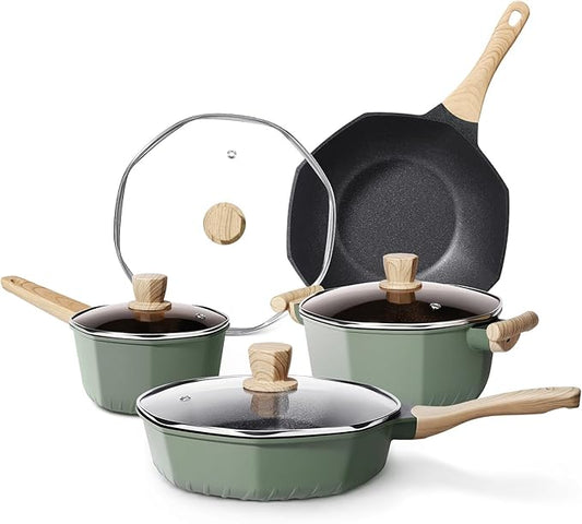 RealCool Pots and Pans Set Non Stick, 8 Pieces Induction Cookware, Octagon Nonstick Kitchen Cookware Sets with Frying Pans/Casserole/Saucepan(PFOS, PFOA Free)