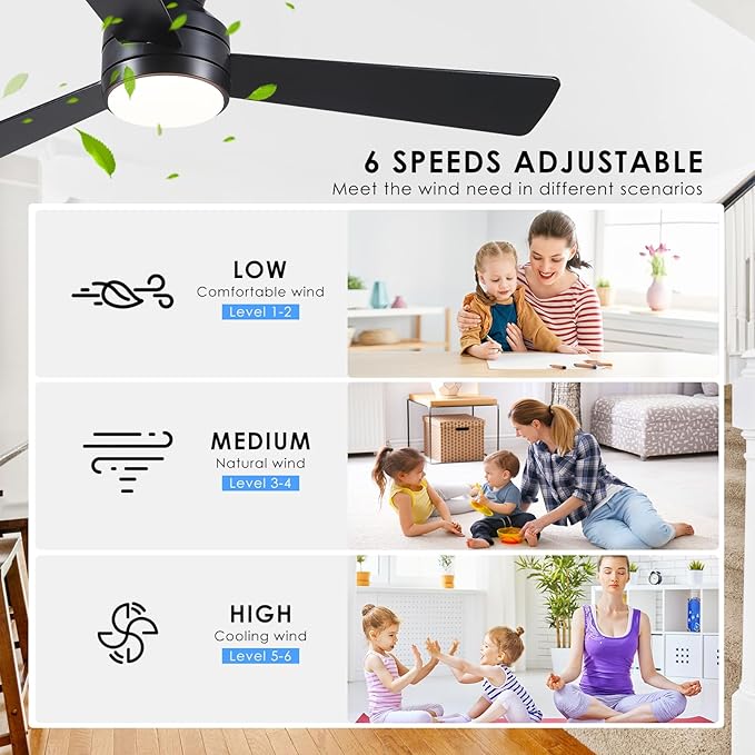 Asyko Ceiling Fans with Lights,46" Low Profile Ceiling Fan with Light and Remote Control,Flush Mount, Reversible, Dimmable, Noiseless, Black Ceiling Fan for Bedroom