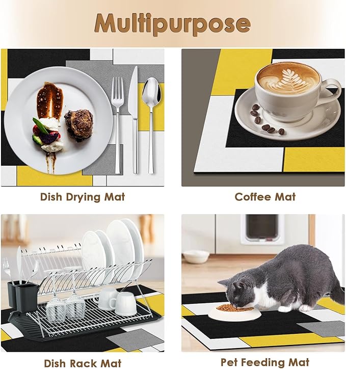Arttown Coffee Mat for Countertops, Yellow Black White Grey Modern Dish Drying Mat 2 Pcs for Kitchen Bar Accessories, Fit Under Coffee Maker Espresso Machine Dish Rack Hide Stain Rubber 12x19in