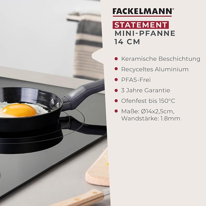 FACKELMANN Statement Frying Pan 14 cm - Ceramic Coated Mini Pan - Recycled Aluminium with Non-Stick Coating - For All Hobs Except Induction, PFAS-Free, Shadow Black