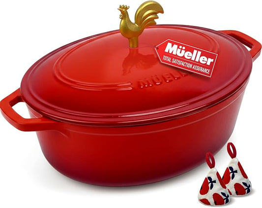 MUELLER HOME 5.5 Quart Enameled Cast Iron Oval Dutch Oven w Rooster Knob & Cotton Potholders, Heavy-Duty Cookware, Oven-Safe up to 500° F & Across All Cooktops, Gifts for Grandma & Women, Red | w Rooster Knob & Cotton Potholders, Heavy-Duty Cookware, O...