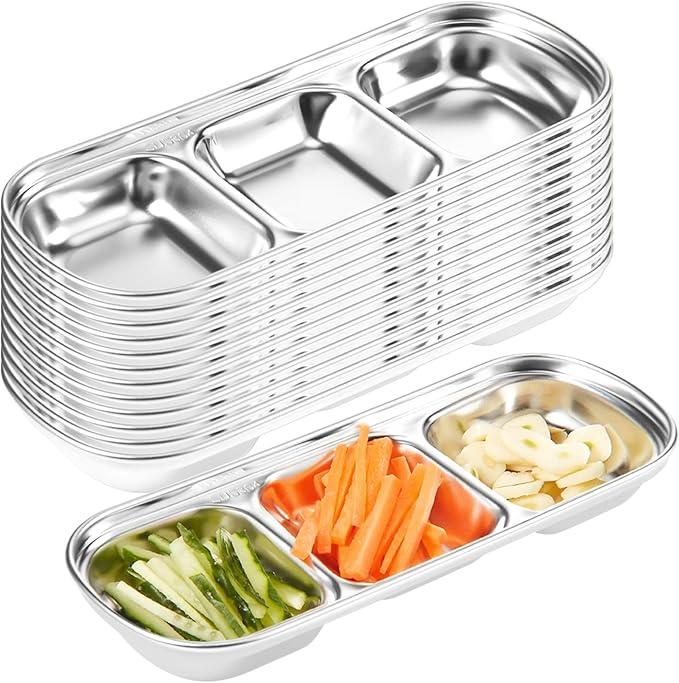 Maxcheck 12 Pcs Soy Sauce Dish Stainless Steel Divided Dip Bowls Korean 3 Compartment Sauce Plate Seasoning Dipping Condiment Tray for BBQ Vinegar Spice Salt Sugar Flavor Home Restaurant (Silver)