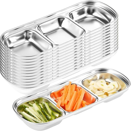 Maxcheck 12 Pcs Soy Sauce Dish Stainless Steel Divided Dip Bowls Korean 3 Compartment Sauce Plate Seasoning Dipping Condiment Tray for BBQ Vinegar Spice Salt Sugar Flavor Home Restaurant (Silver)