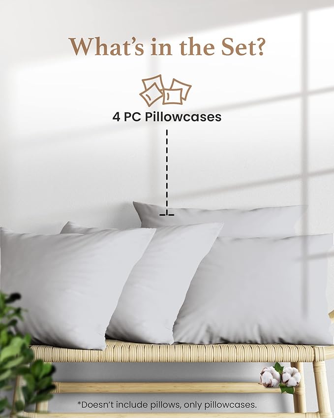 1000 TC Light Gray Standard Pillowcases Set of 4 100% Egyptian Cotton Pillow Cases with Long Staple Cotton & Sateen Weave, Silky Soft Hotel - Like Bed Pillow Covers for Comfy Sleeping, Snug Fit